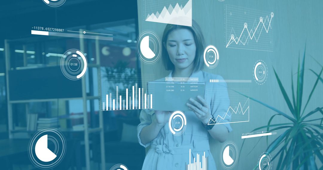 Businesswoman Analyzing Digital Data Charts on Tablet