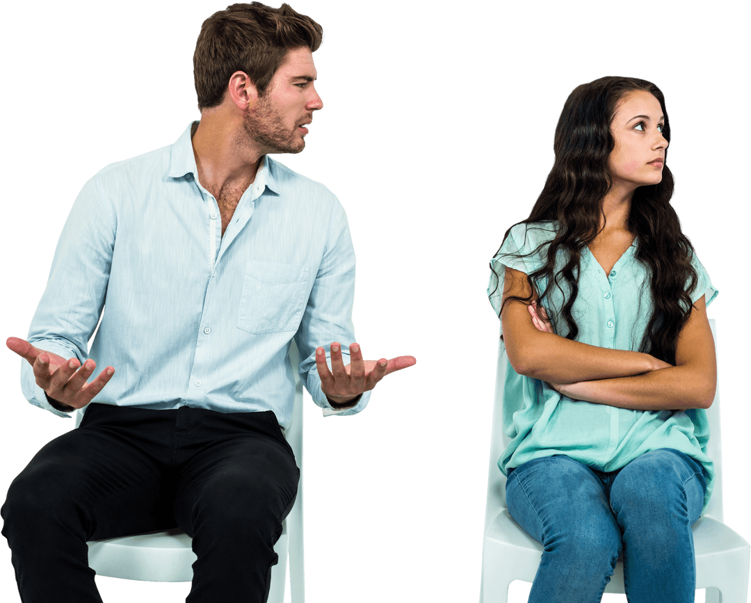 Transparent Couple Arguing on White Chairs