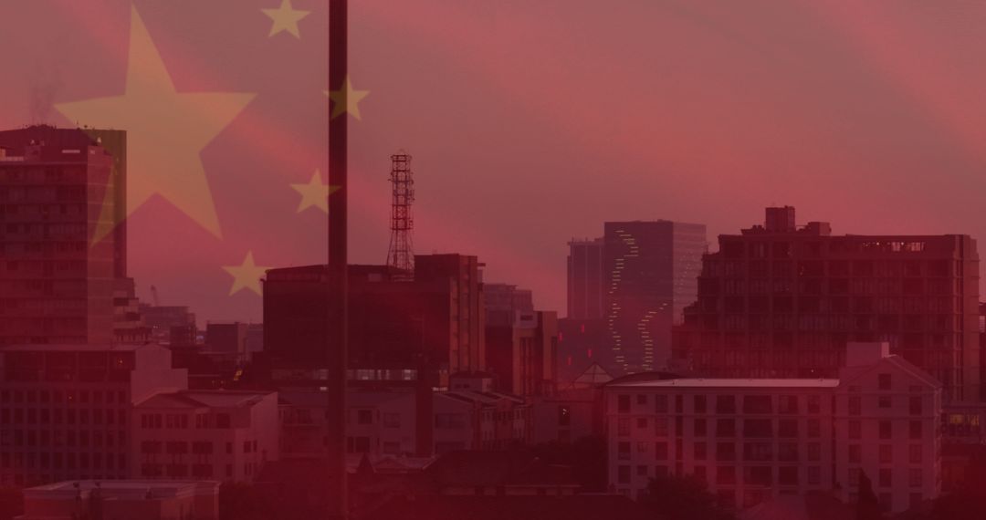Chinese Flag Overlaying Urban Skyline at Dusk