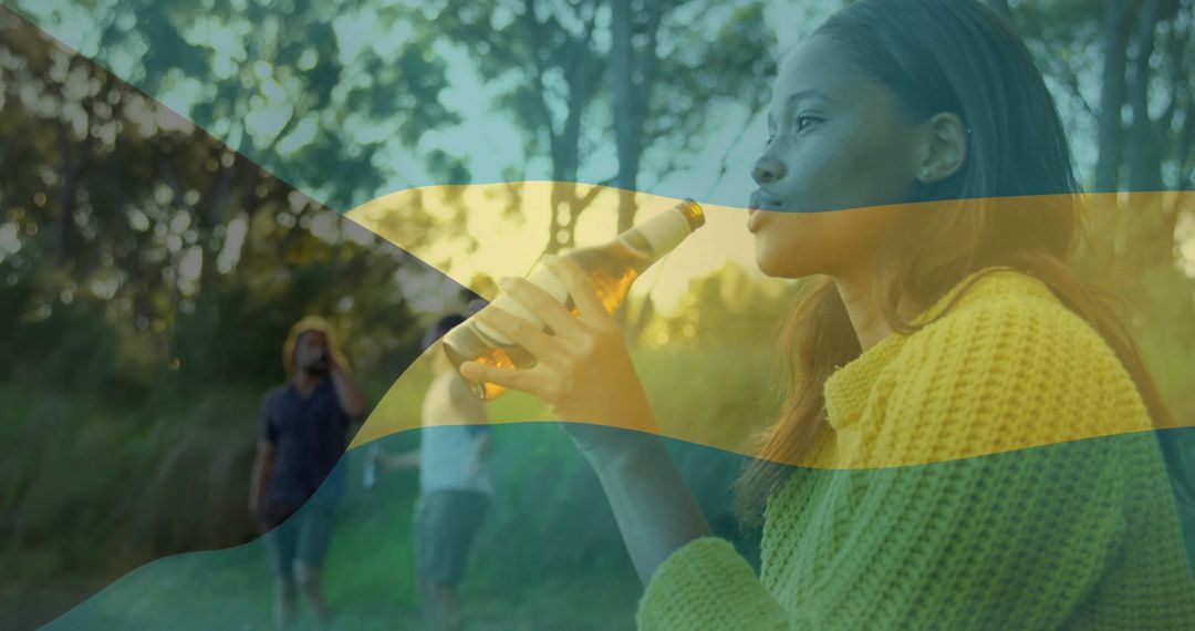 Woman Enjoying Beverage Outdoors with Gradient Overlay