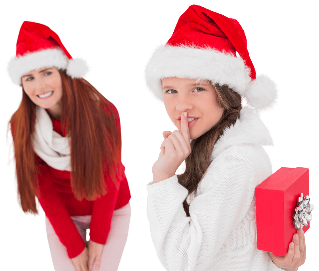 Christmas Mother and Daughter in Santa Hats Showing Holiday Joy Transparent