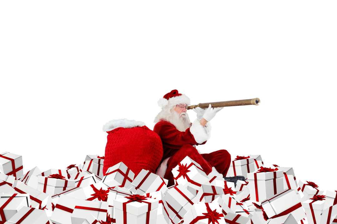 Santa Claus Exploring Pile of Gifts with Telescope Transparent
