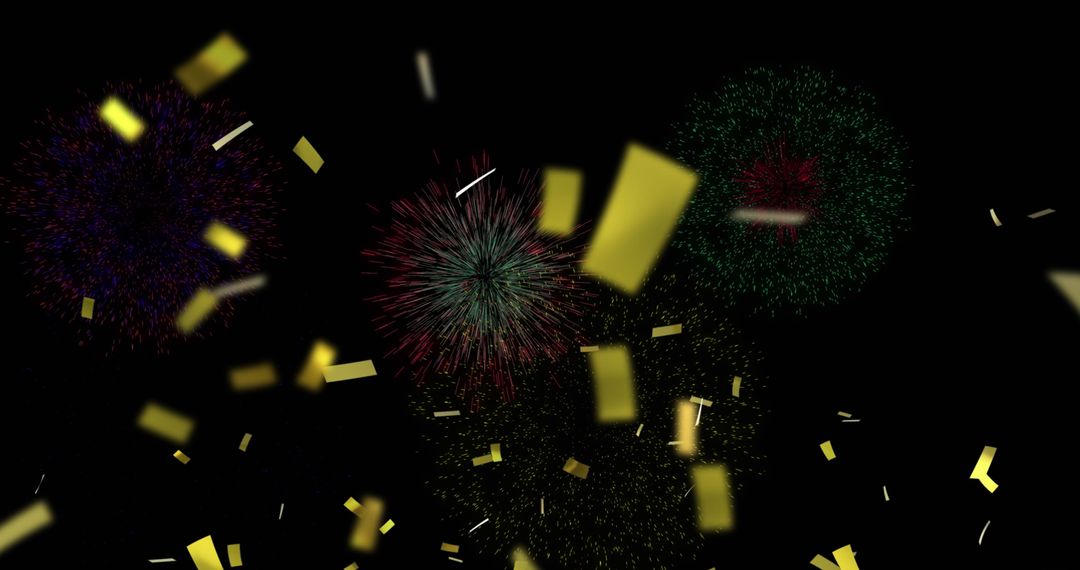 Colorful Fireworks with Gold Confetti in Night Sky Celebration