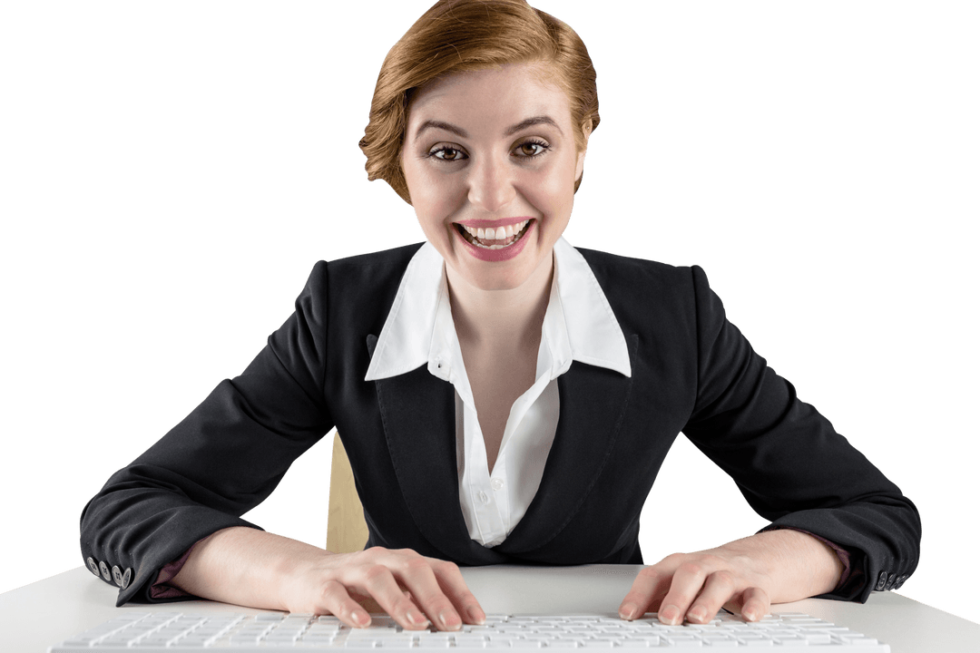 Excited Businesswoman Typing on Keyboard Against Transparent Background