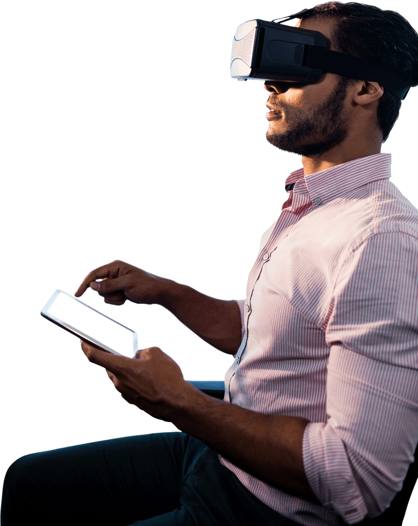 Businessman Using VR Headset and Tablet on Transparent Background Vision