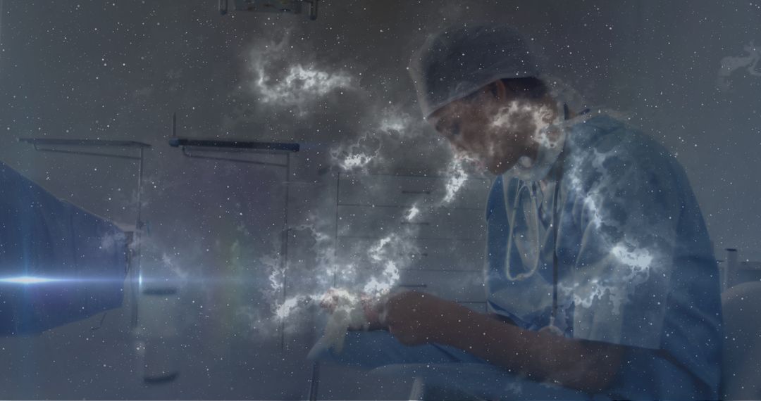 Nurse Reflecting in Ethereal Cosmic Fusion Scene