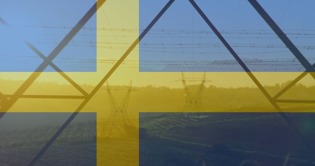Swedish Flag Overlay with Power Lines Symbolizing Energy Crisis