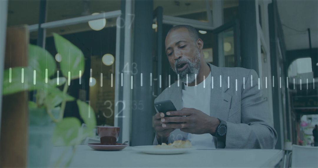 Businessman Checking Smartphone at Cafe with Digital Data Overlay and Coffee Break