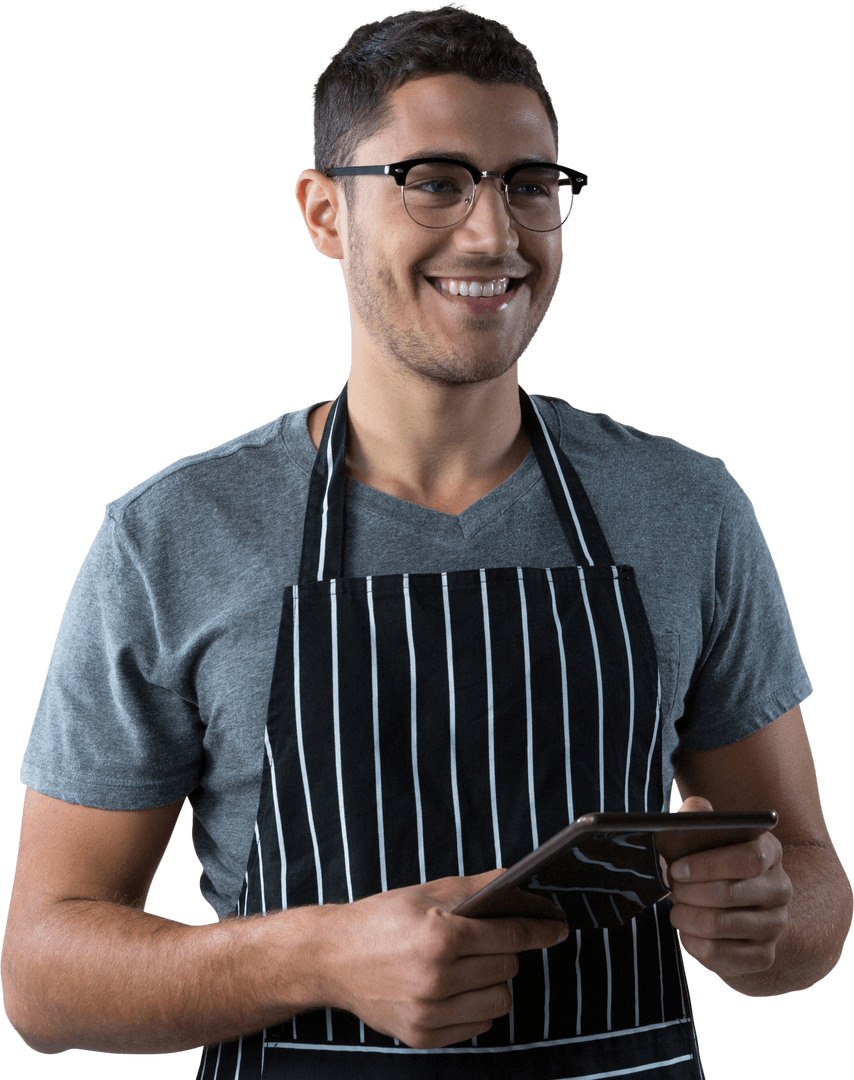 Smiling Male Waiter in Striped Apron with Tablet on Transparent Background