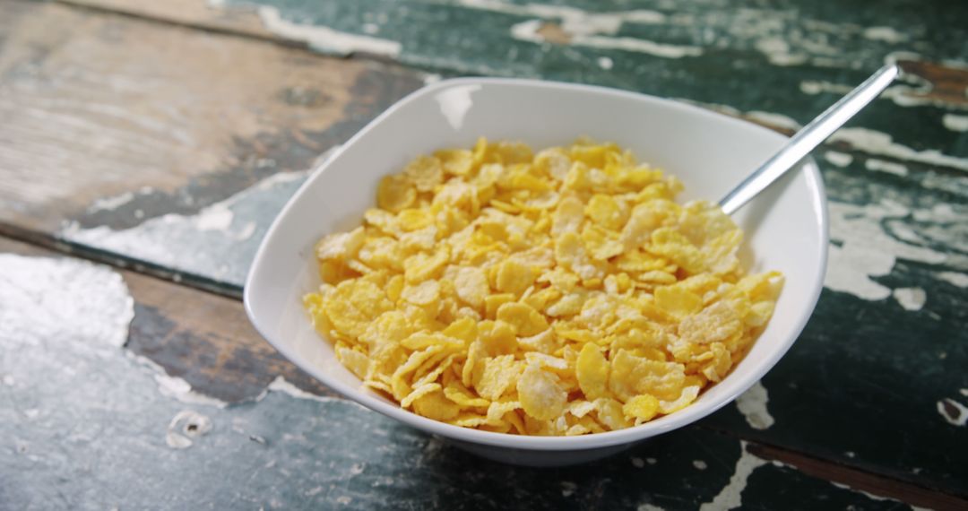 Bowl of Cornflakes with Spoon on Rustic Wooden Table - Free Images, Stock Photos and Pictures on Pikwizard.com