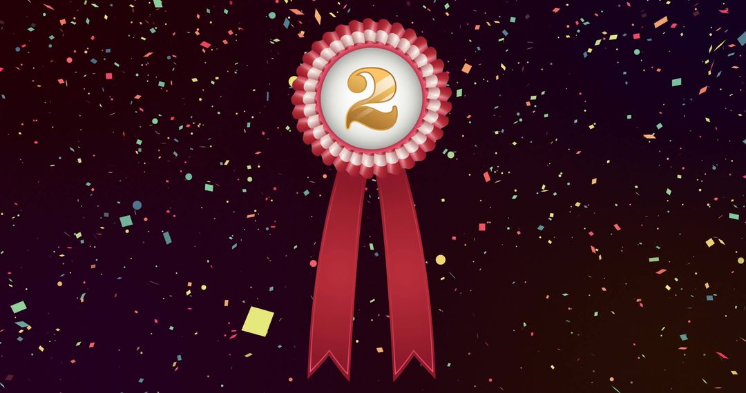 Second Place Award Rosette with Confetti on Black Background
