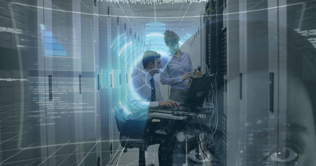 IT Professionals Managing Data Center with Digital Overlay