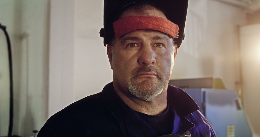 Portrait of Middle-Aged Male Welder in Workshop with Helmet Raised - Free Images, Stock Photos and Pictures on Pikwizard.com