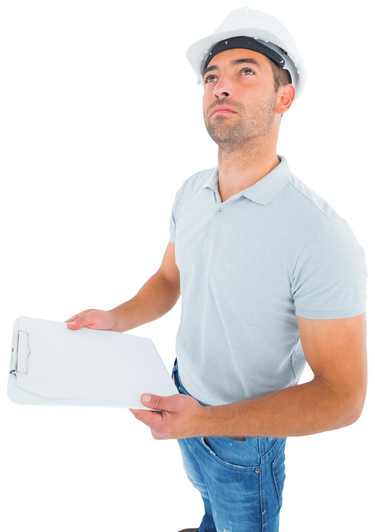 Transparent Man in Hard Hat Holding Clipboard Looking Upwards