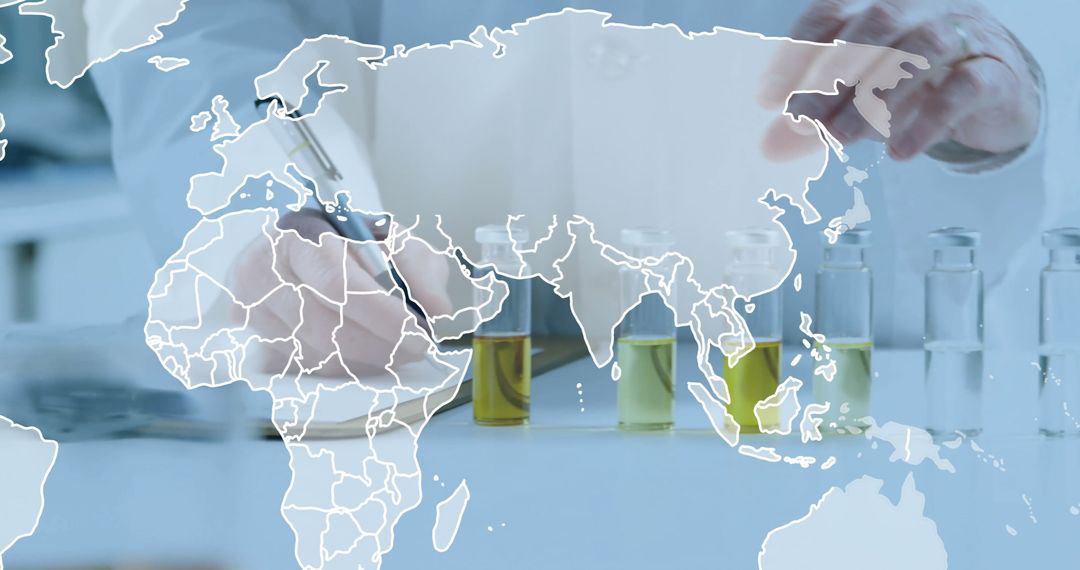 Global Science Concept with Scientist and World Map Overlay