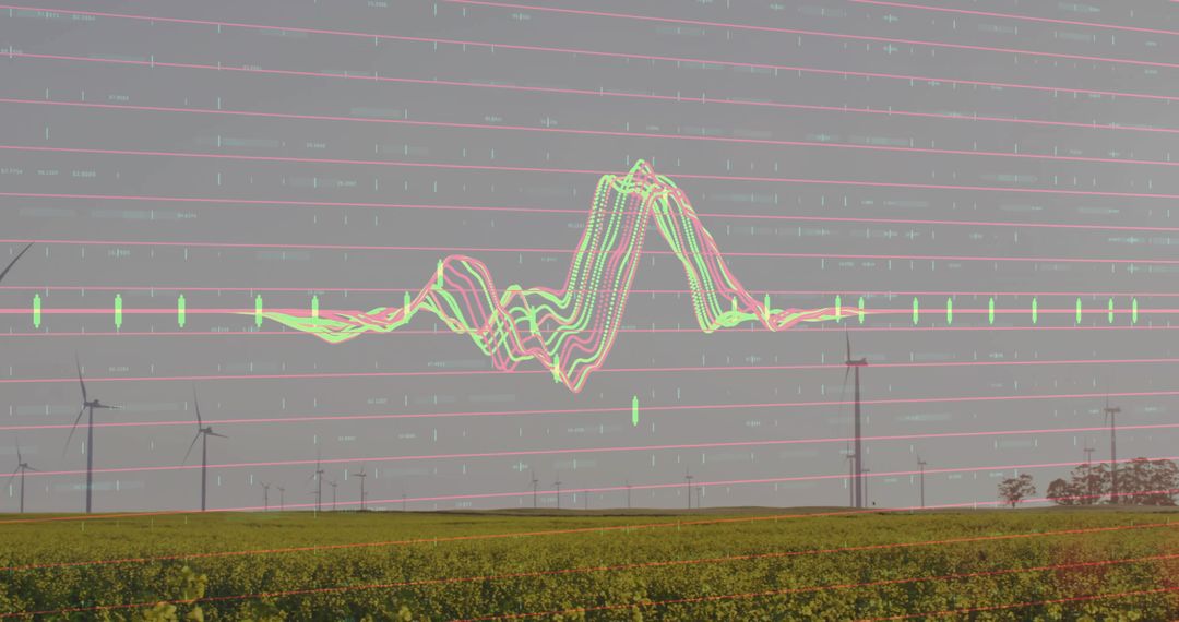 Wind Turbines in Green Field with Digital Grid Overlay