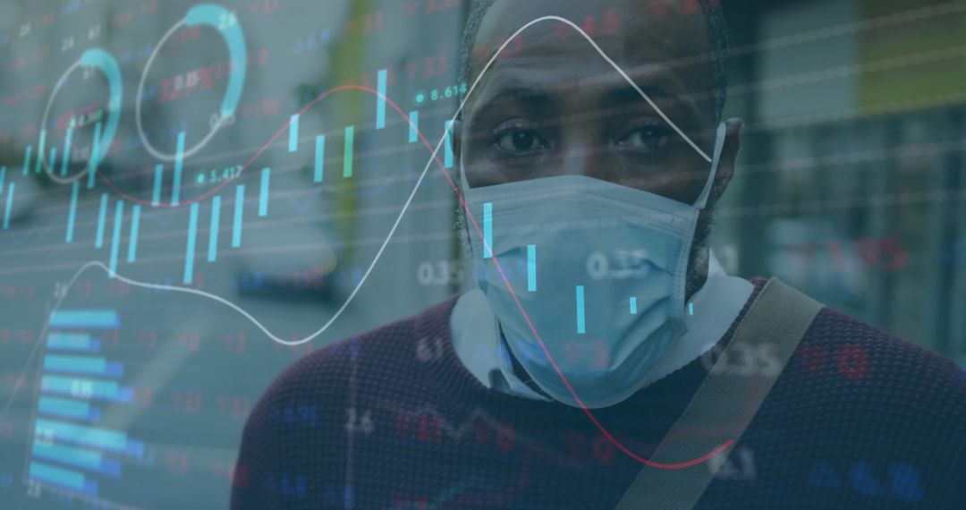 Overlay of Financial Data and Masked Individual Symbolizing Global Economy