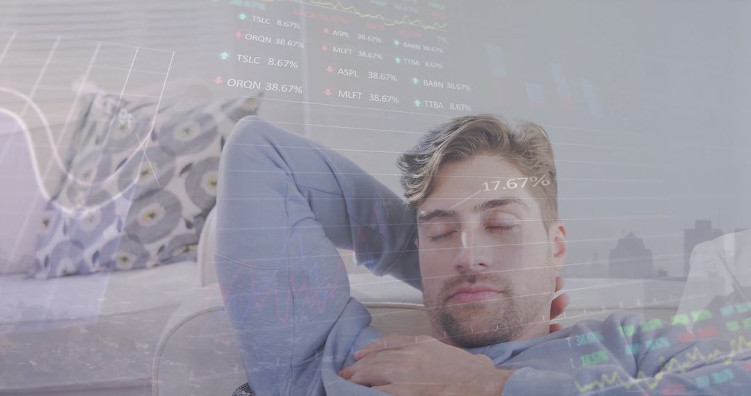 Caucasian Man Sleeping with Projected Financial Data Dashboard
