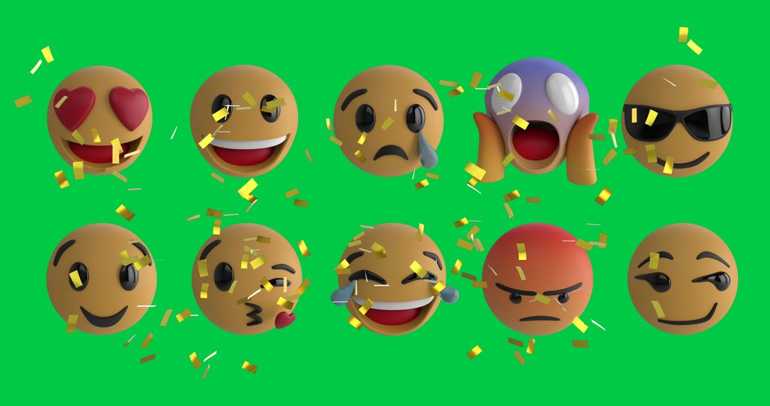 Colorful Emojis with Confetti on Green Background
