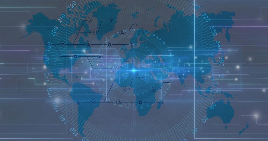 Futuristic World Map with Data Network Visual Display