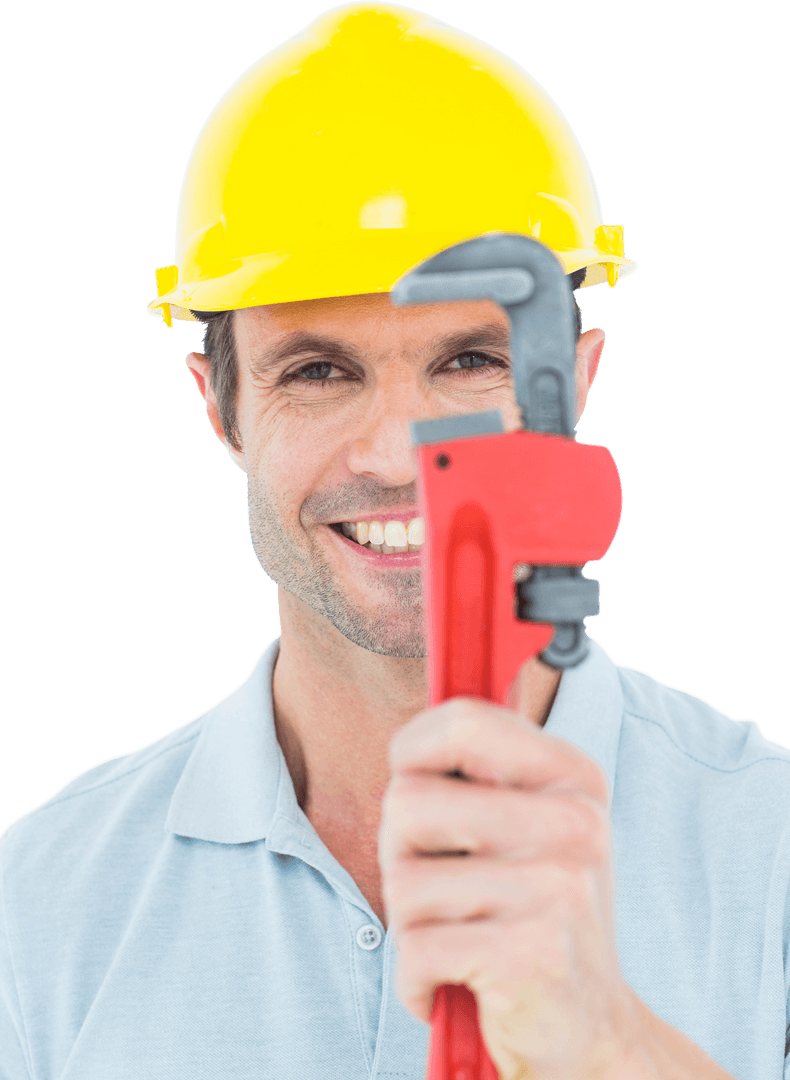 Transparent Portrait of smiling handyman holding monkey wrench