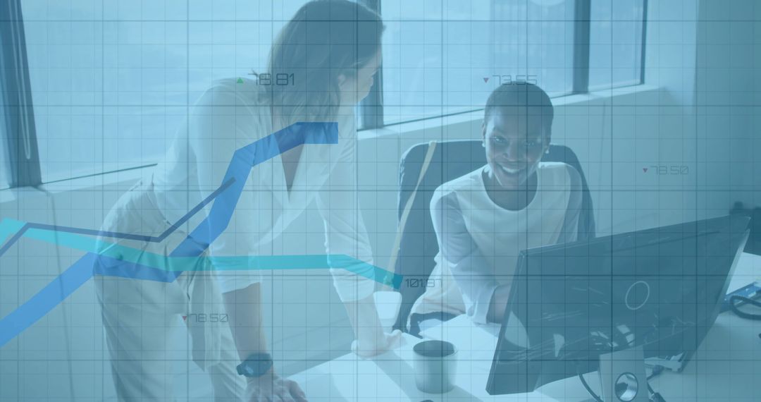 Coworkers Analyzing Data with Digital Graph Overlay in Modern Office