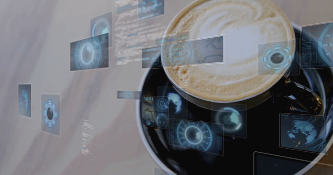 Futuristic Tech Holograms Hovering Over Coffee Cup