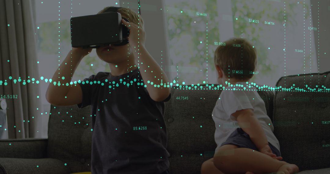 Child Engaged in VR Technology Amidst Data Visualization