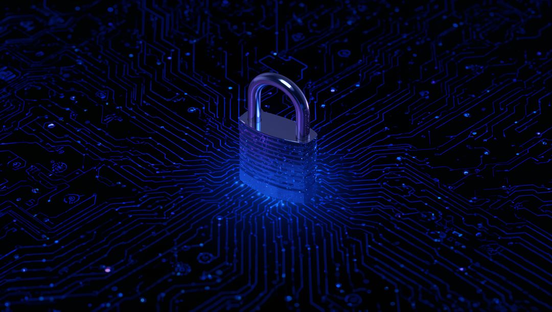Glowing Padlock on Circuit Board Representing Cybersecurity Concept