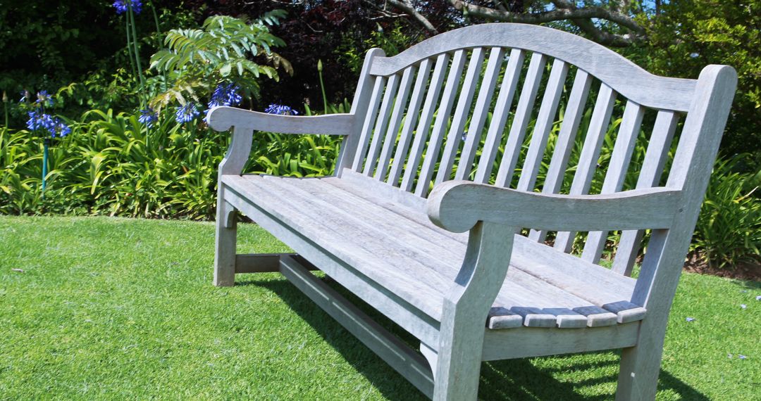 Wooden Bench in Lush Garden on Sunny Day - Free Images, Stock Photos and Pictures on Pikwizard.com