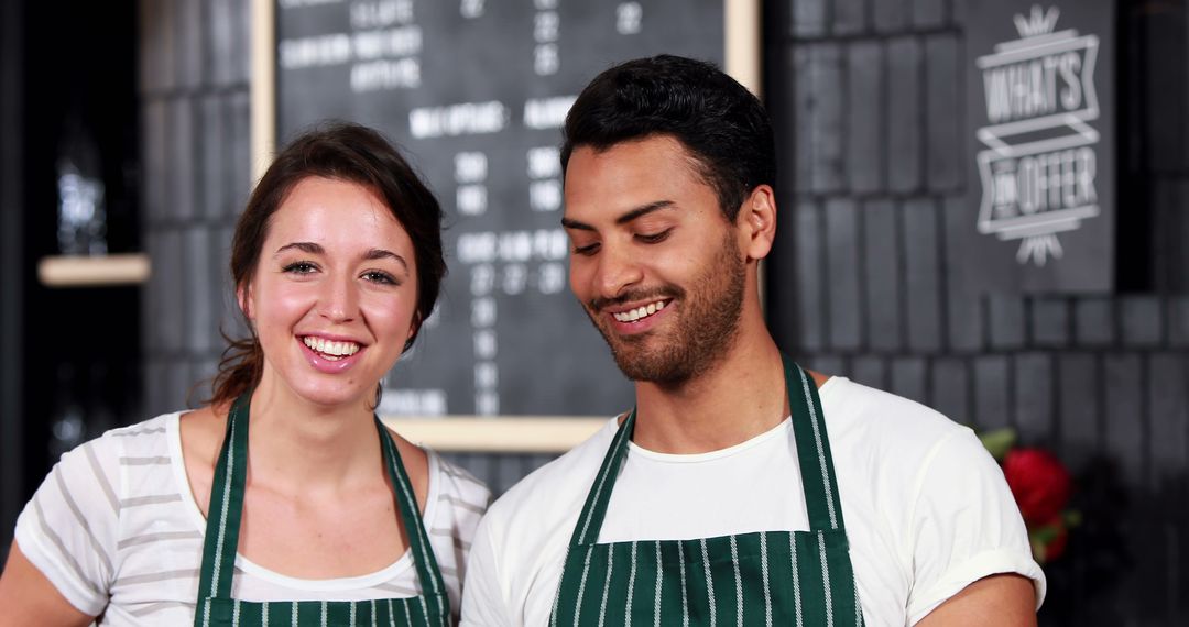 Smiling Colleagues in Aprons Displaying Teamwork in Restaurant Environment