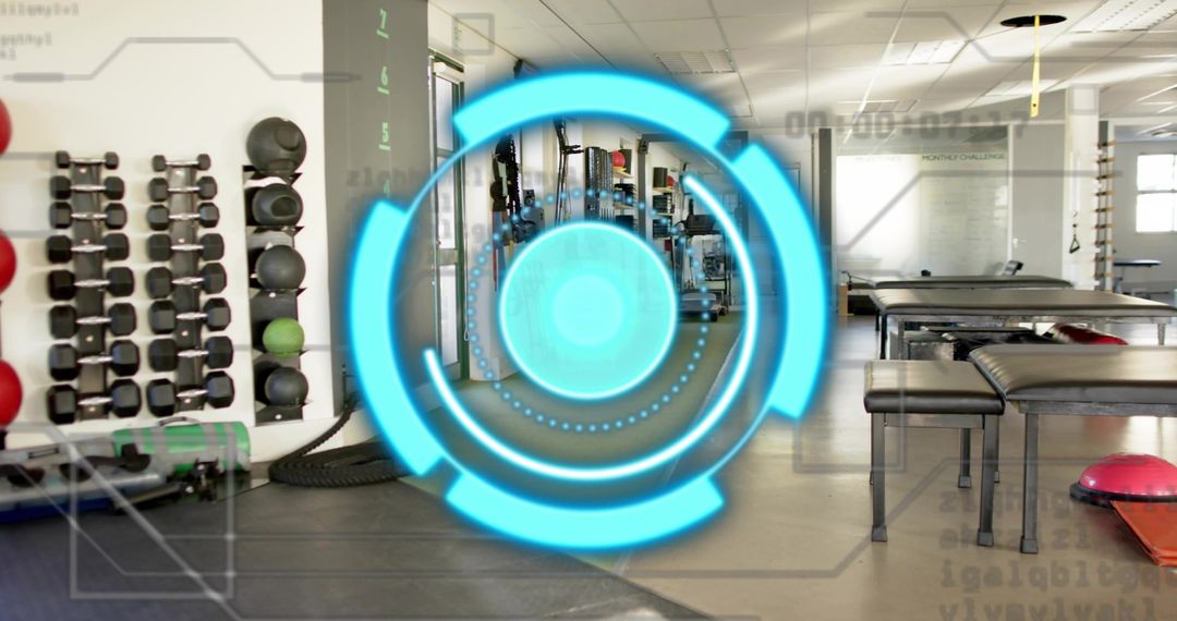 Displaying cyan AR circular HUD overlaying rehab gym with dumbbell rack benches