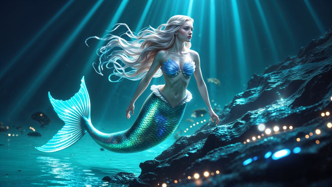 Ethereal Mermaid Gliding in a Mystical Underwater Cavern