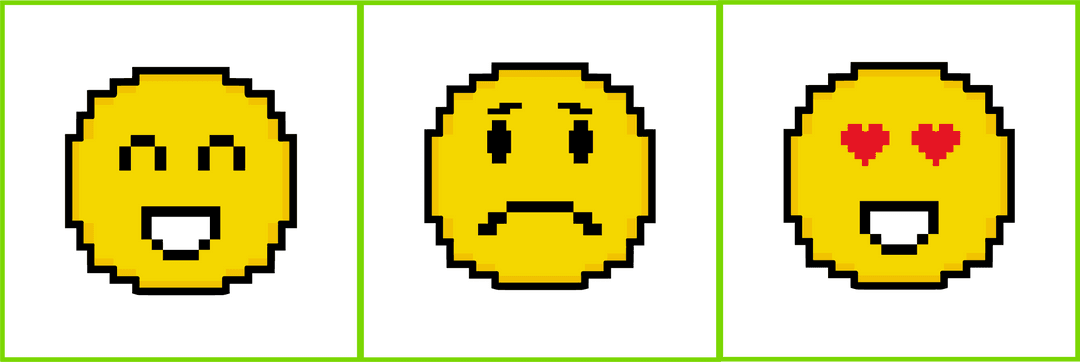Three Pixel Art Emoticons Displaying Joy, Sadness, Love Transparency