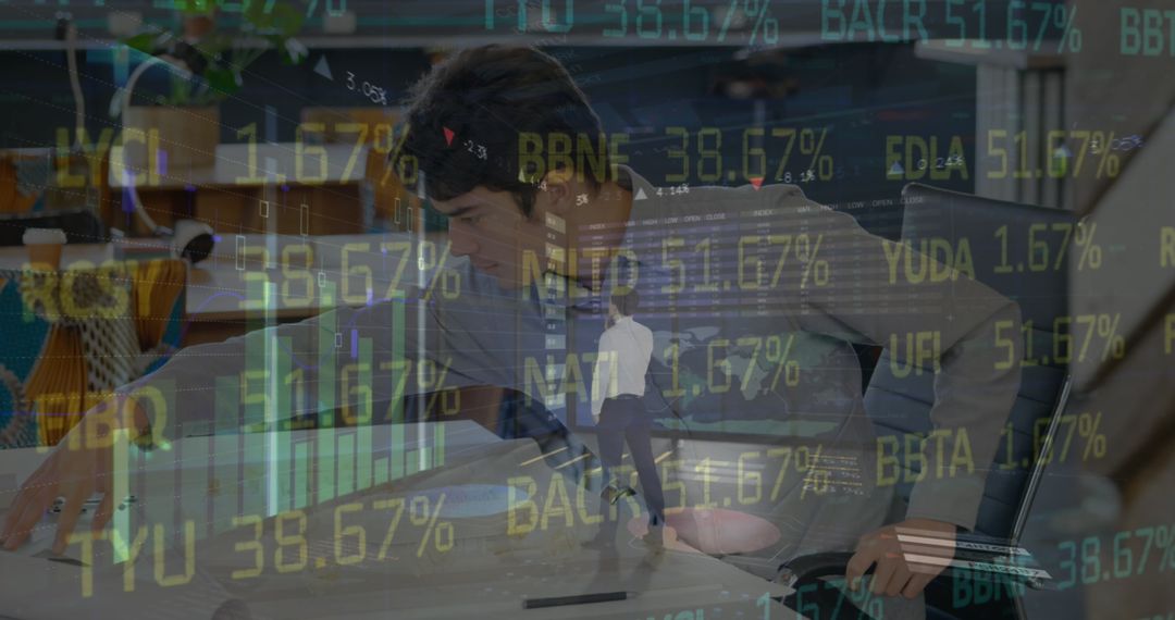 Financial Analyst Drafting Design with Stock Tickers Overlap