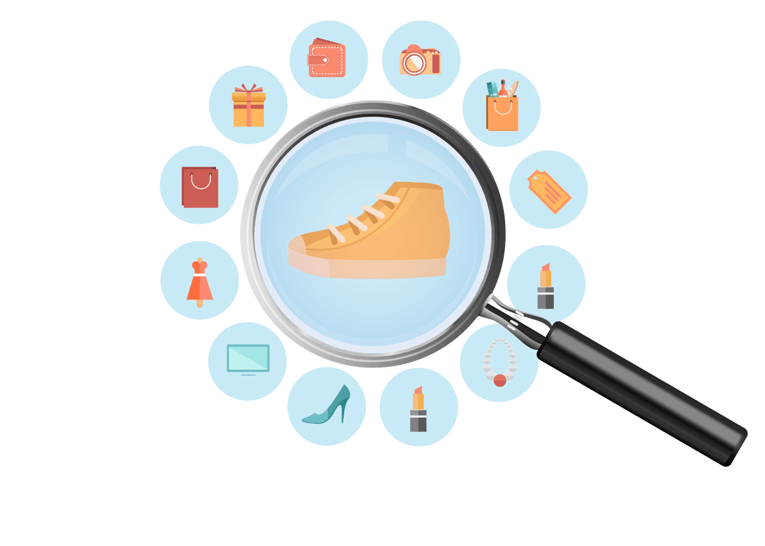 Transparent Digital Media Icons with Magnifying Glass Illustration