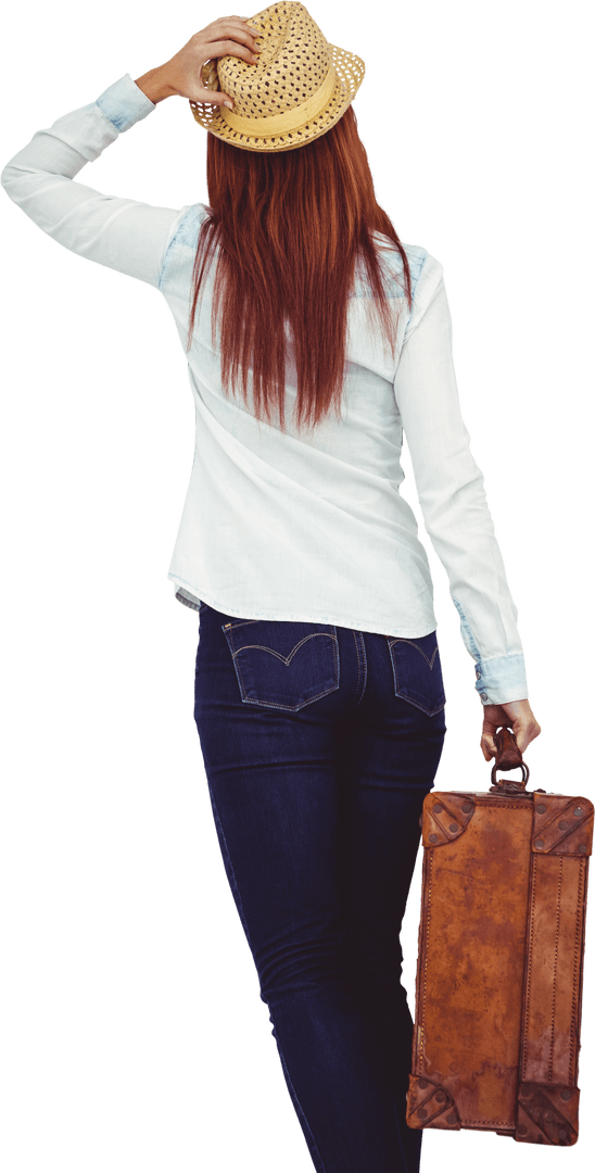 Rear View Transparent Hipster Woman with Suitcase and Straw Hat