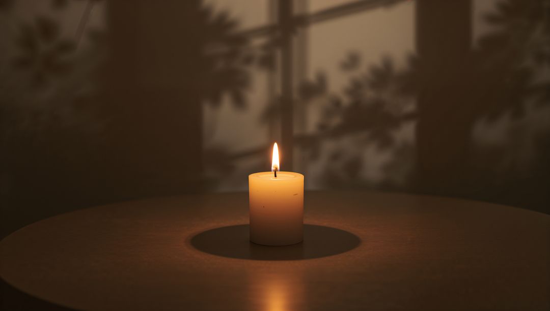 Burning Pillar Candle Casting Warm Circular Glow and Shadow Ring on Wooden Table, Moody Ambience