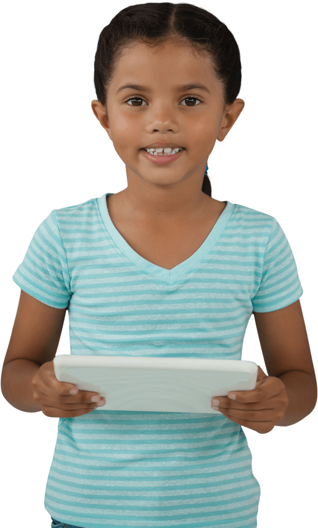 Transparent Background of Smiling Girl Holding Tablet
