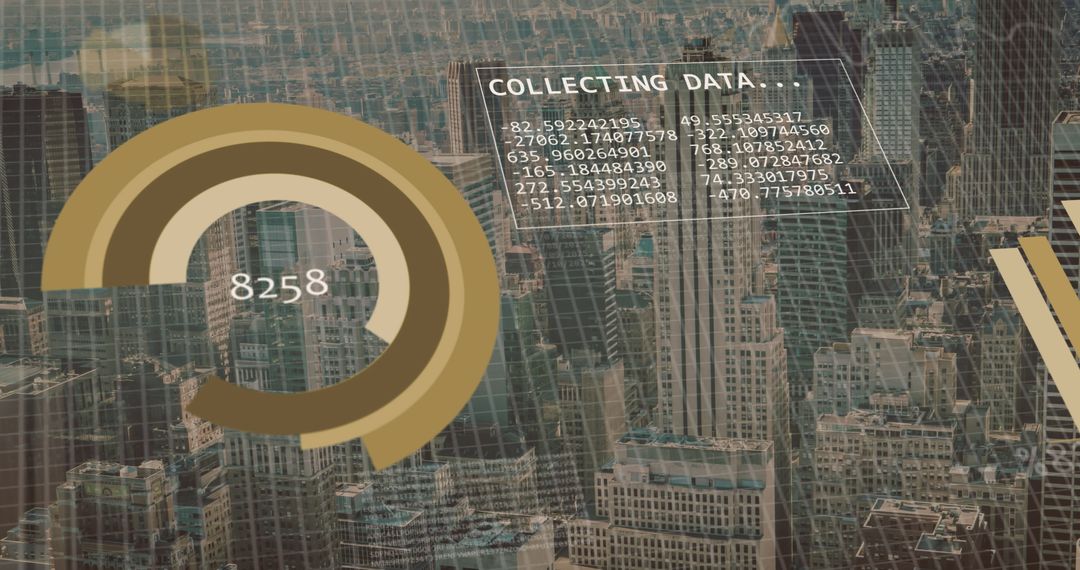 Financial Data Processing Over Cityscape Graphic