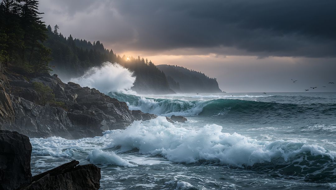 Dramatic Ocean Waves Crashing Against Rocky Cliffs at Sunset