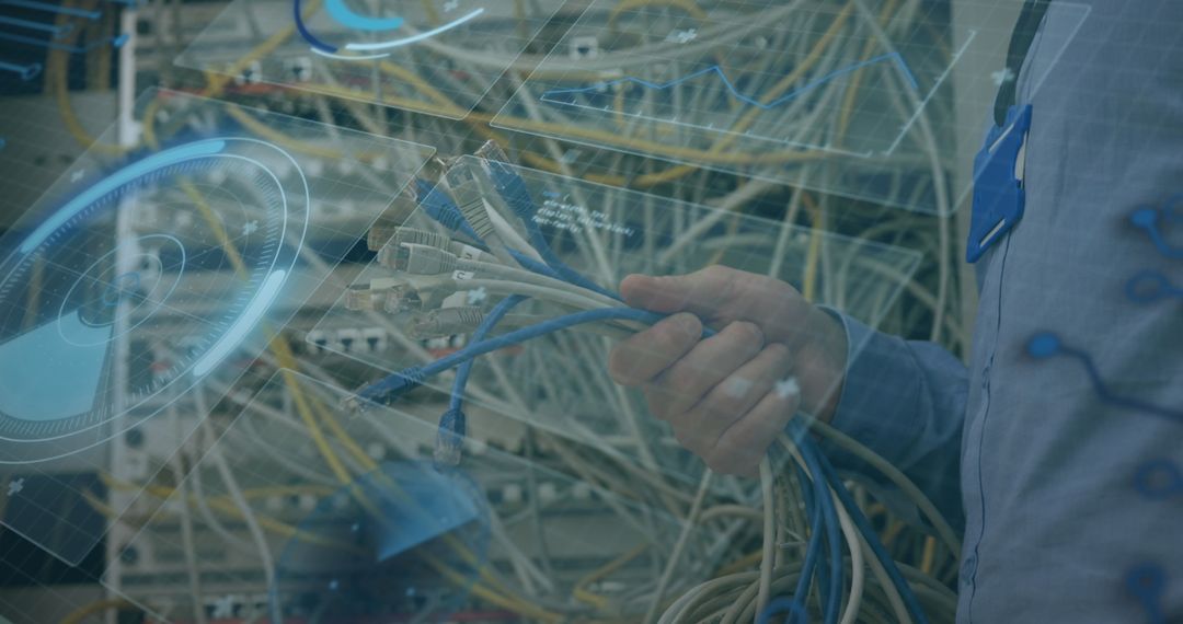 Network Technician Holding Ethernet Cables in Data Processing Room