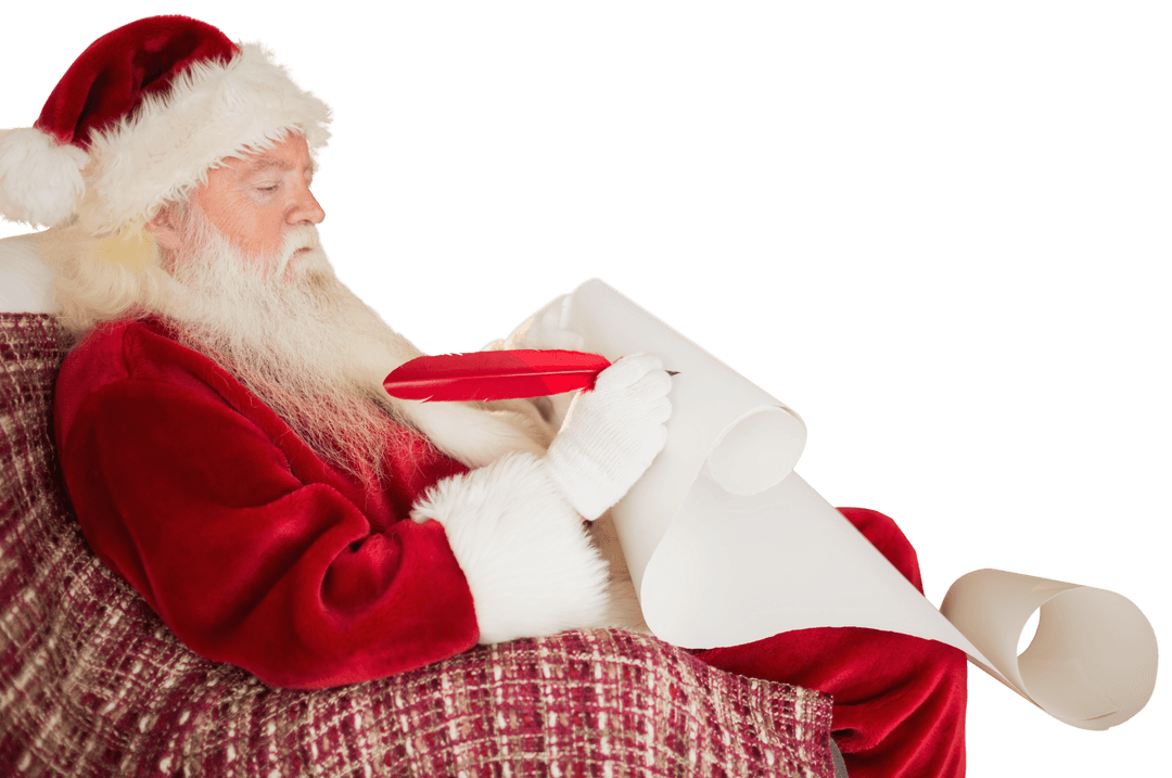 Santa Claus Writing on Long Christmas List Transparent Background