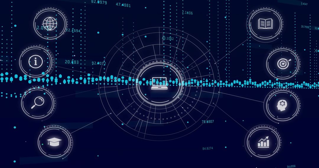 Central HUD Laptop Interface Connecting Data Waveform to Analytics and Learning Icons
