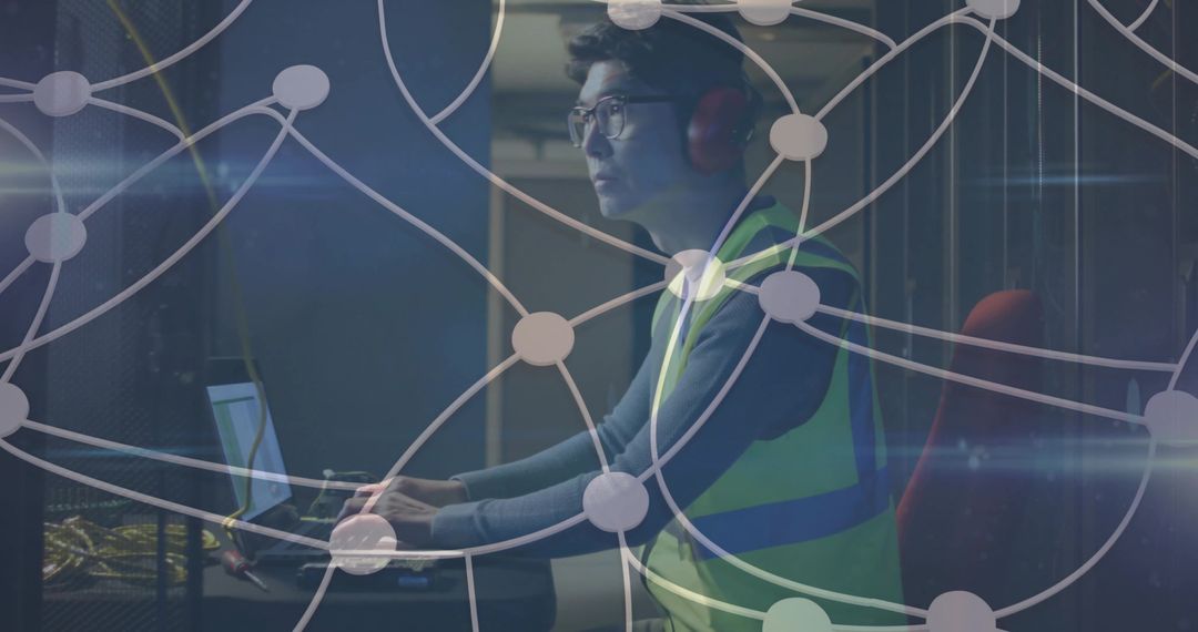 Technician Engaged in Data Center Maintenance with Network Overlay