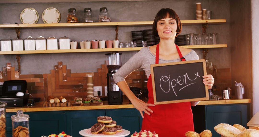 Smiling Bakery Owner Holding Open Sign in Cozy Shop - Free Images, Stock Photos and Pictures on Pikwizard.com