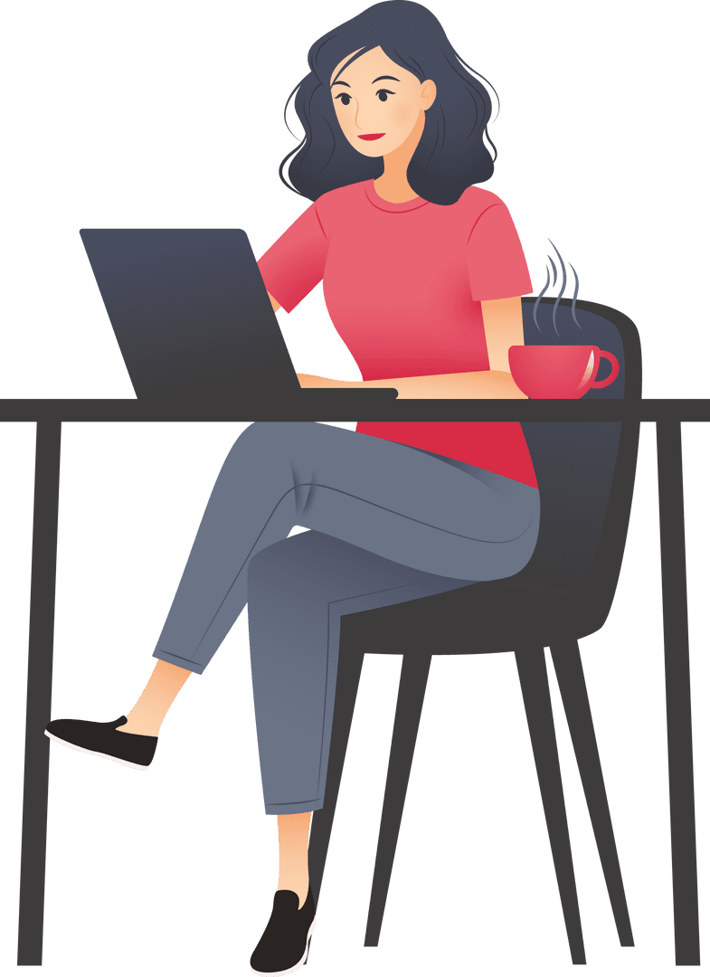 Woman Working on Laptop with Coffee on Transparent Background