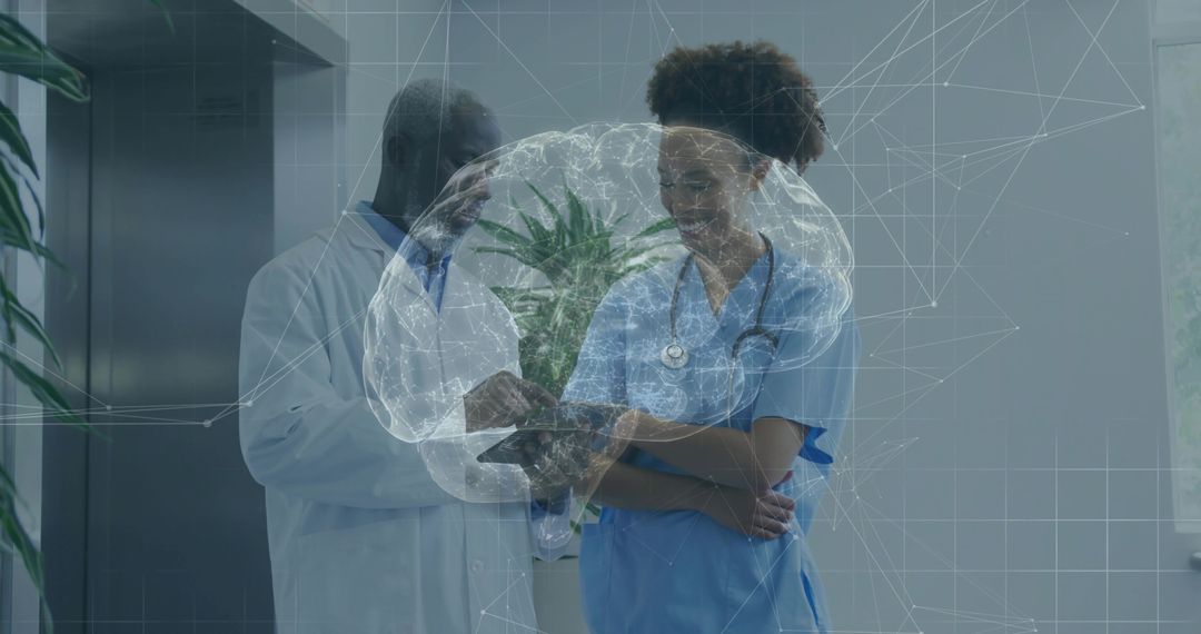 Medical Team Collaborating Over Tablet With Holographic Brain AI Visualization
