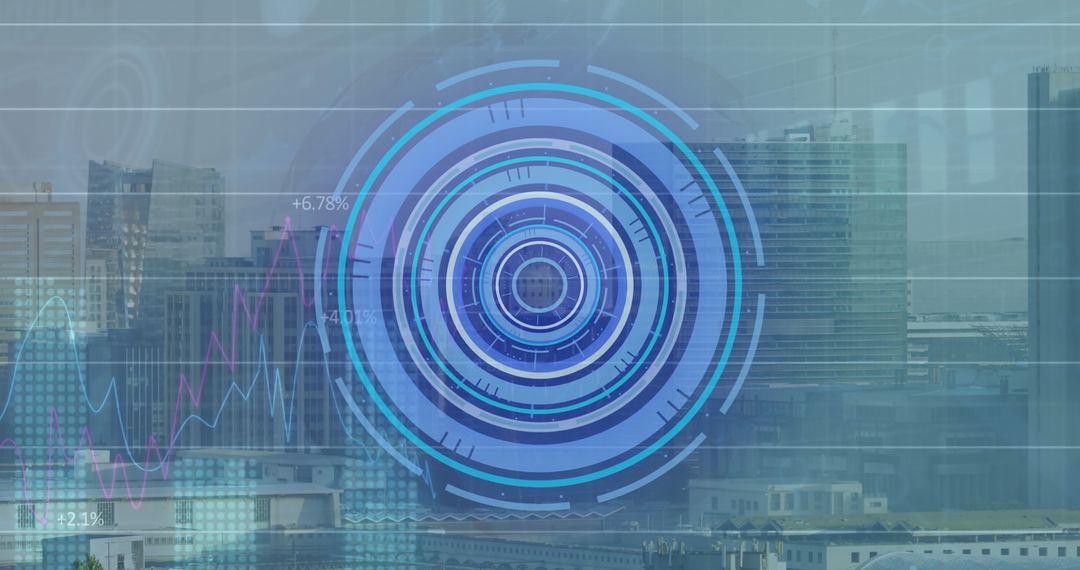 Futuristic Data Portal Interface Over Busy Urban Rooftop