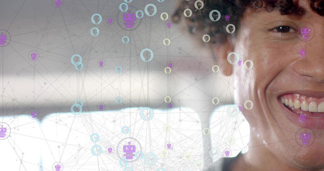 Smiling Man in Car with Futuristic Network and AI Overlay